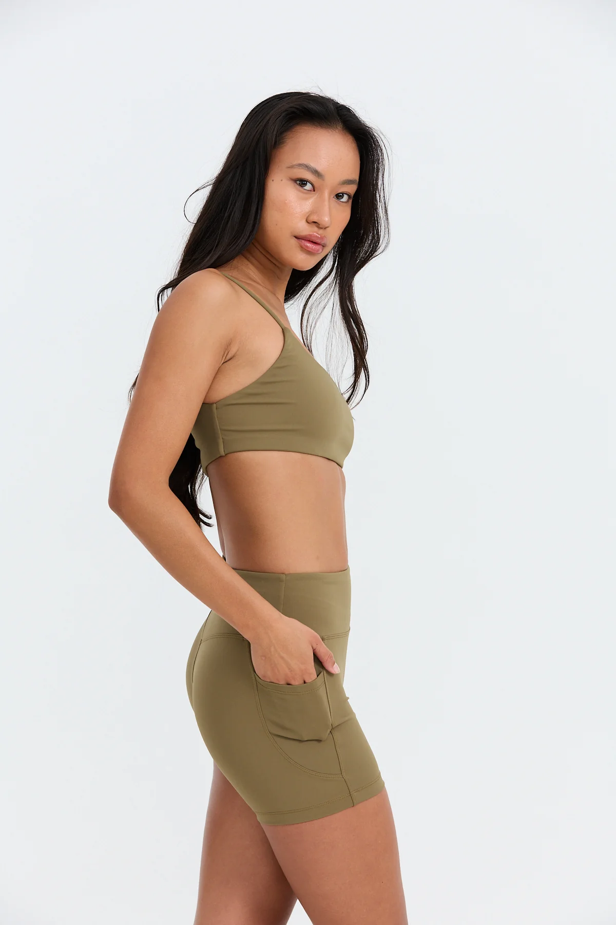 One Shoulder Sports Bra - Khaki - Image 4